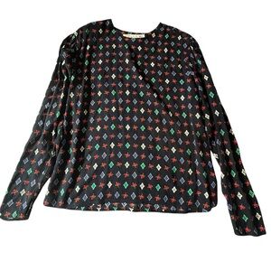 Chaus Black Button-Down Top - Red and Blue Print - Size M